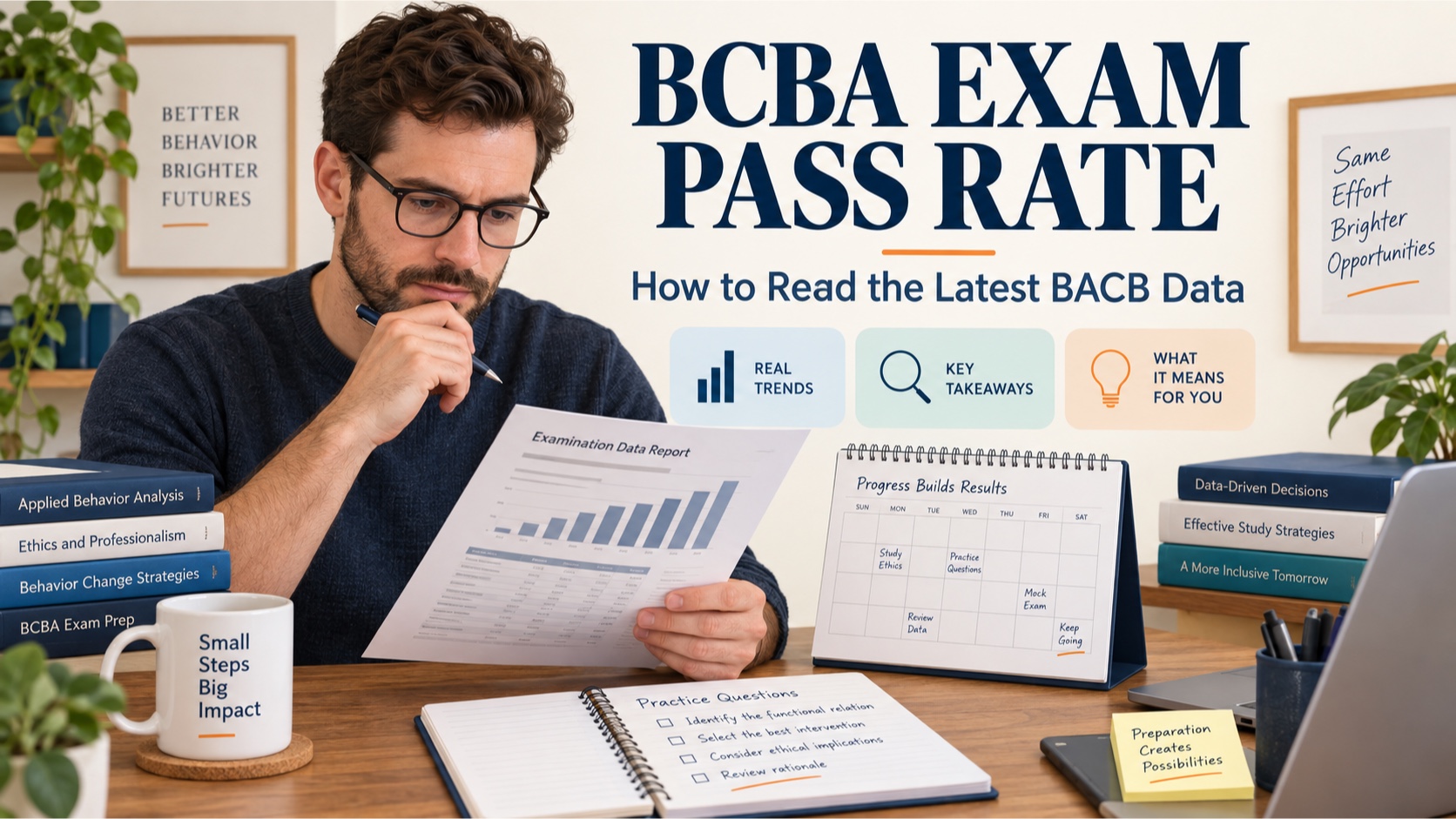 A White male BCBA candidate reviews a neutral pass-rate report, a study calendar, and practice-question notes in one integrated editorial study scene.