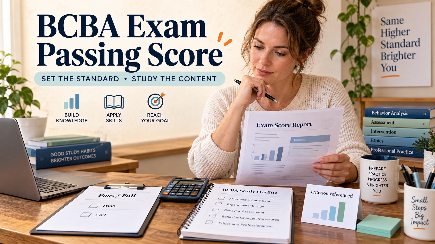 A White female BCBA candidate reviews a generic score report, calculator, study notes, and criterion-referenced scoring diagram in one integrated editorial scene.