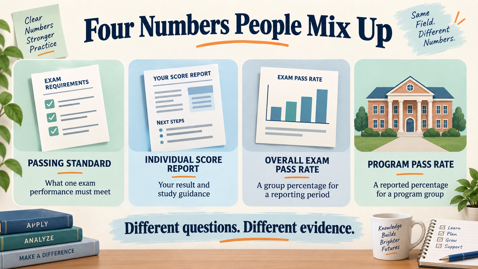 No-person infographic comparing the BCBA passing standard, an individual score report, the overall candidate pass rate, and a program pass rate as four different measures.