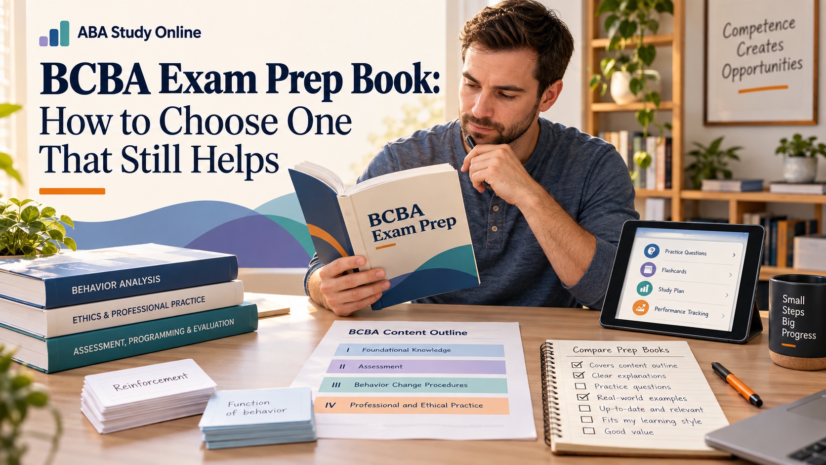 A realistic White man compares a BCBA exam prep book, current content-outline document, practice cards, tablet study app, and selection checklist in an integrated ABA Study Online editorial scene.
