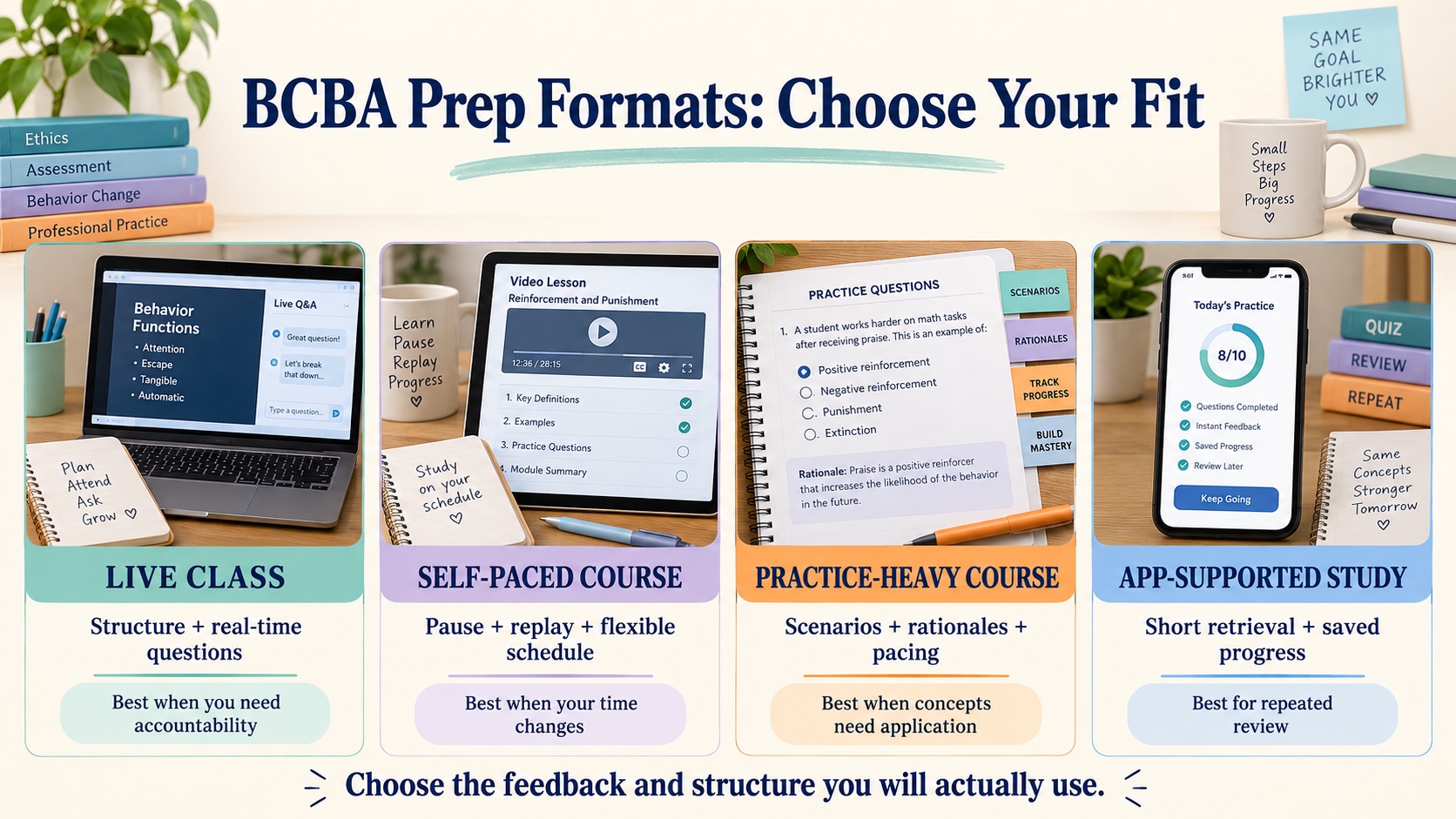No-person infographic comparing live BCBA prep classes, self-paced courses, practice-test courses, and app-supported study by structure, flexibility, feedback, and best-fit use.
