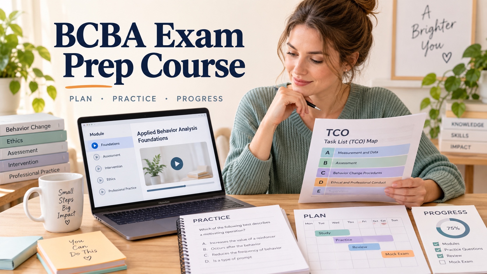 A White female BCBA learner compares a prep-course module, TCO map, practice question, calendar, and app progress screen in one integrated editorial scene.