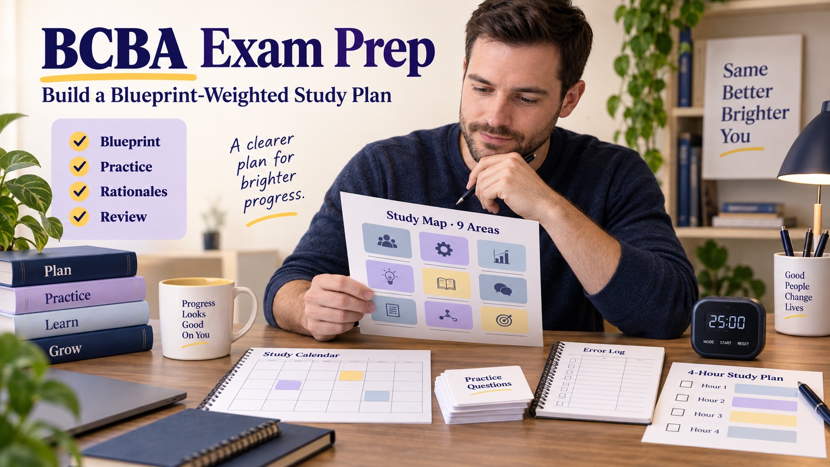A White man reviews a BCBA exam preparation calendar, blueprint notes, and practice-question cards.