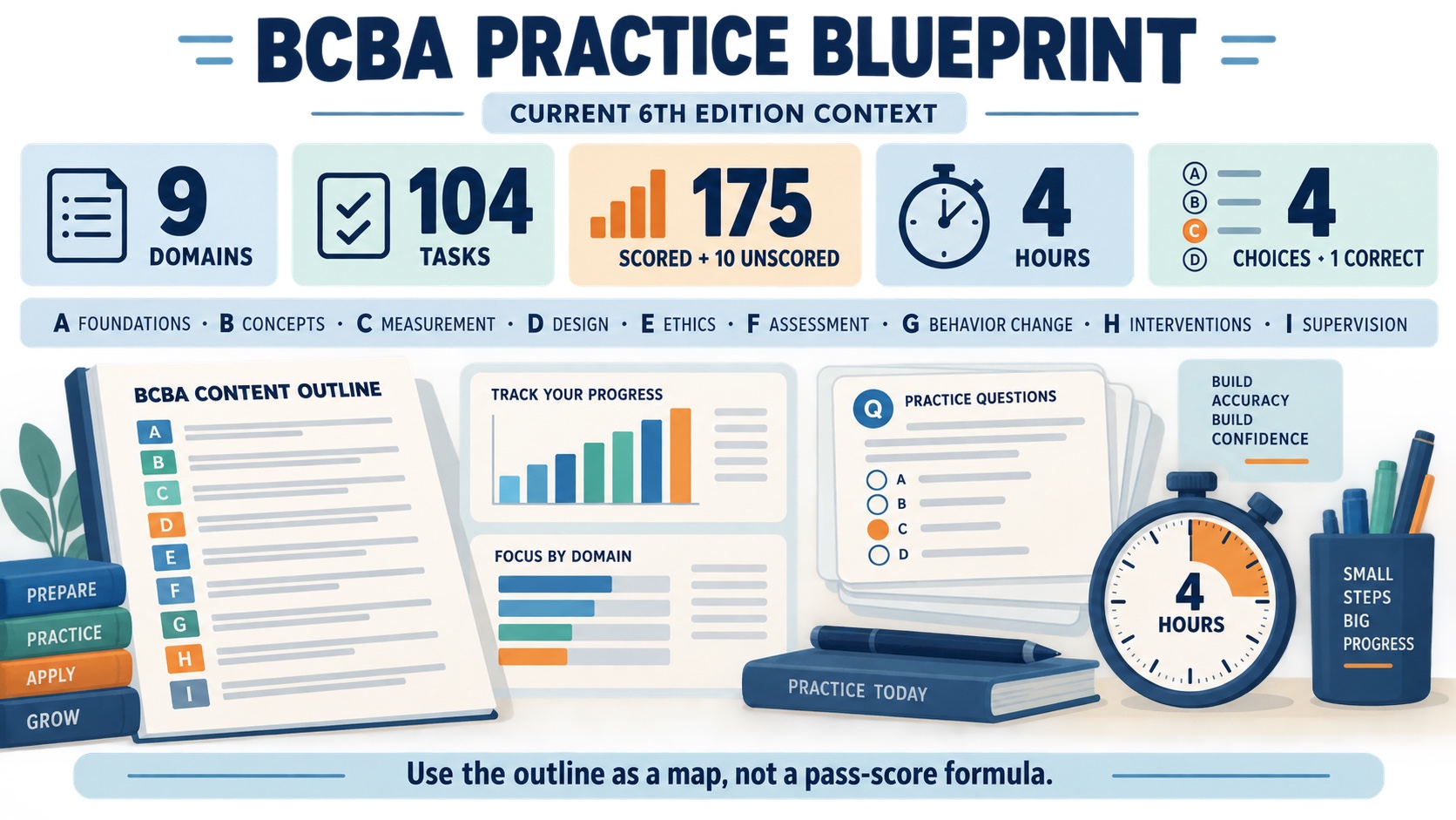 No-person infographic showing the current BCBA exam boundary: 9 domains, 104 tasks, 175 scored plus 10 unscored pilot questions, 4 hours, and 4 answer choices with 1 correct.