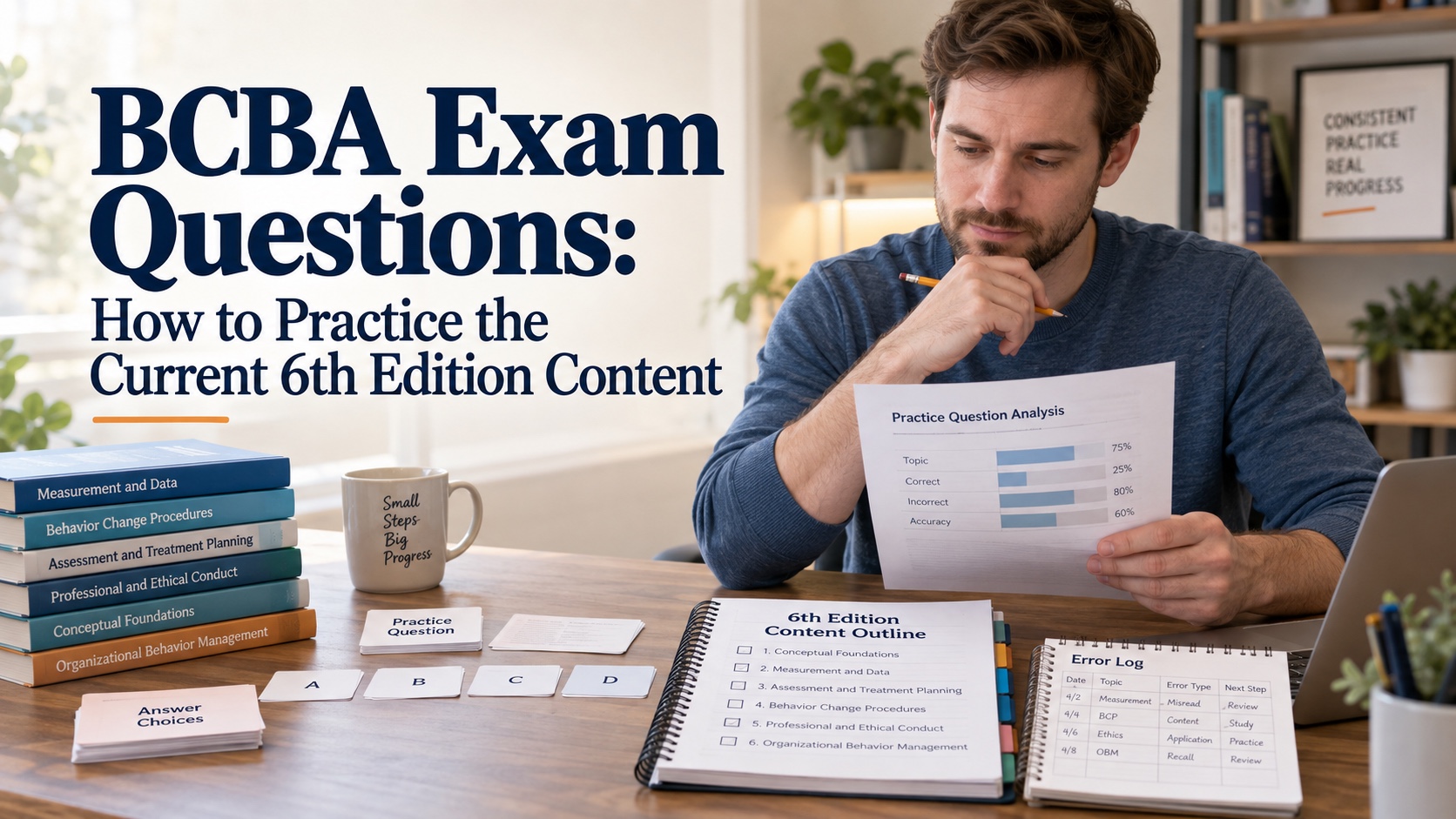 A White man reviews original BCBA practice questions beside a current content-outline notebook, answer-choice cards, and an error log in an integrated editorial scene.