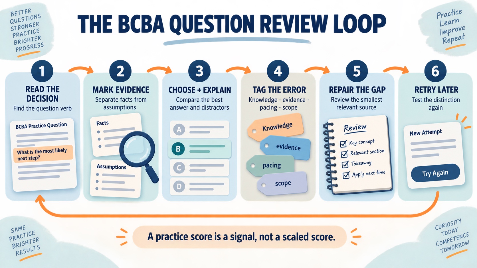 No-person infographic showing the BCBA practice-question review loop: read the decision, identify evidence, choose and explain, tag the error, repair the concept, and retry later.