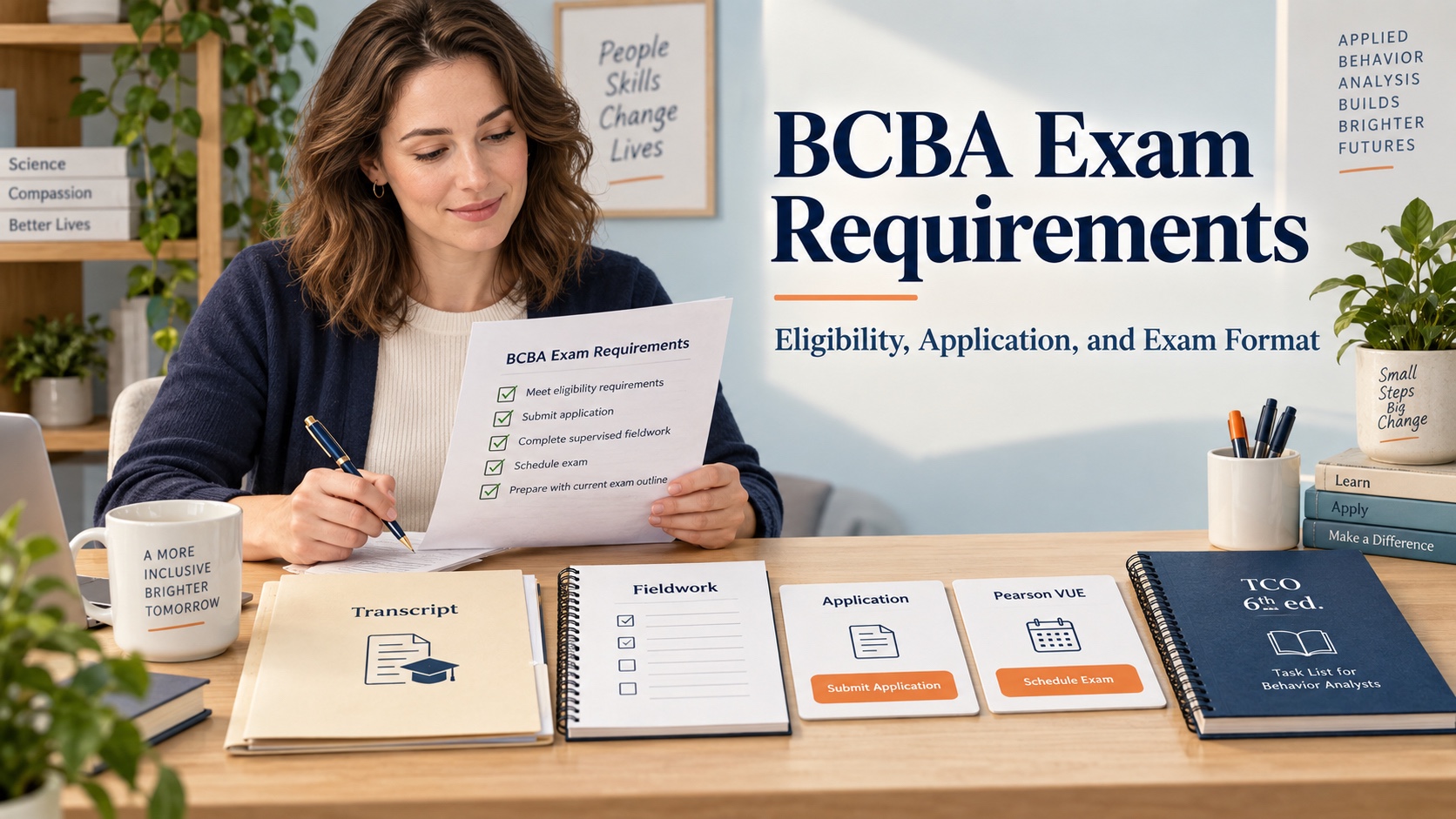 A realistic White female candidate reviews BCBA eligibility documents, an official transcript, a portal checklist, and an exam appointment card in one integrated editorial scene.