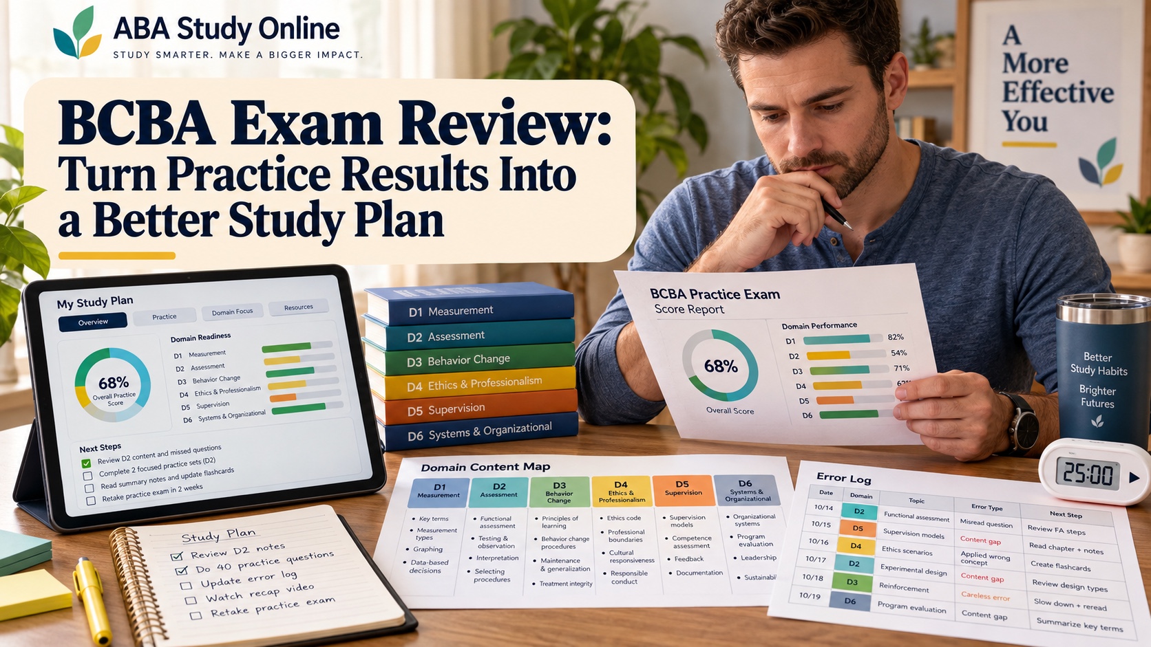 A realistic White man reviews a fictional BCBA practice score report, color-coded error log, current domain map, and study dashboard in an integrated ABA Study Online editorial scene.