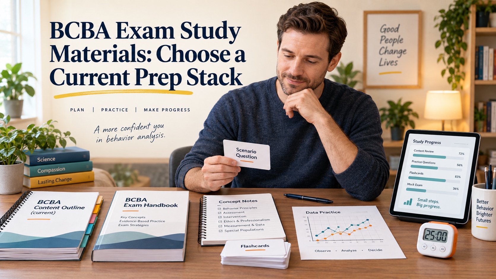 A White man chooses BCBA exam study materials from an organized desk with the current content outline, concept notes, question cards, flashcards, a graph, a timer, and a restrained app progress panel in an integrated ABA Study Online editorial scene.