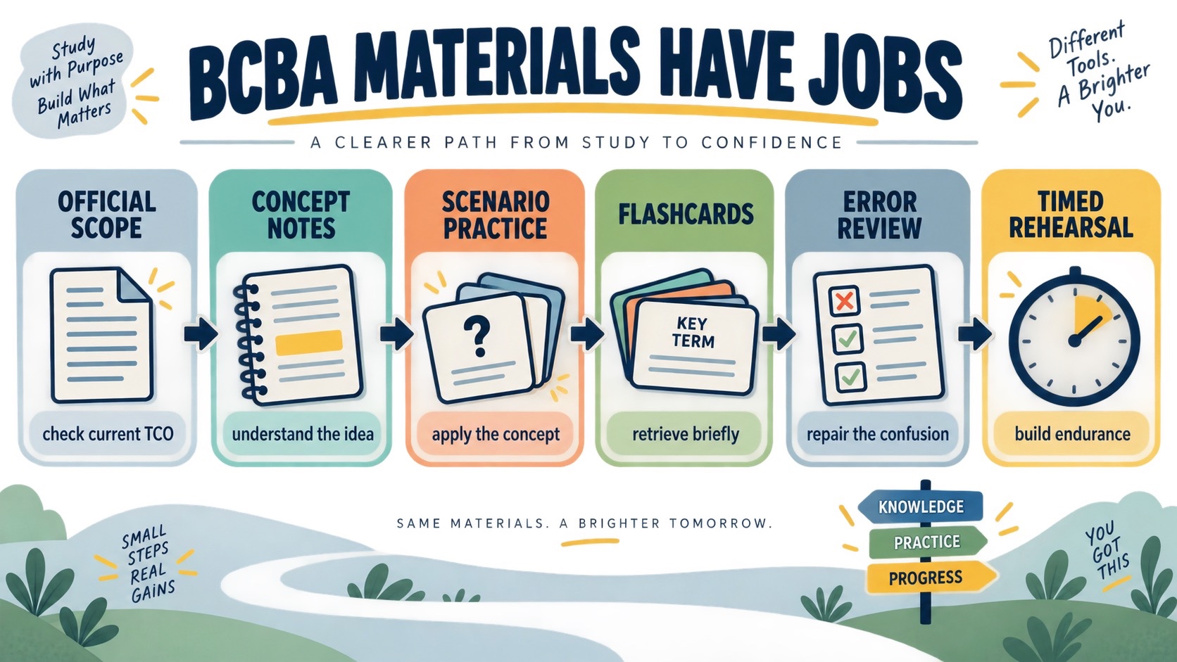 No-person infographic mapping BCBA exam study materials to their jobs: official scope, concept explanation, scenario practice, retrieval, error review, and timed rehearsal.