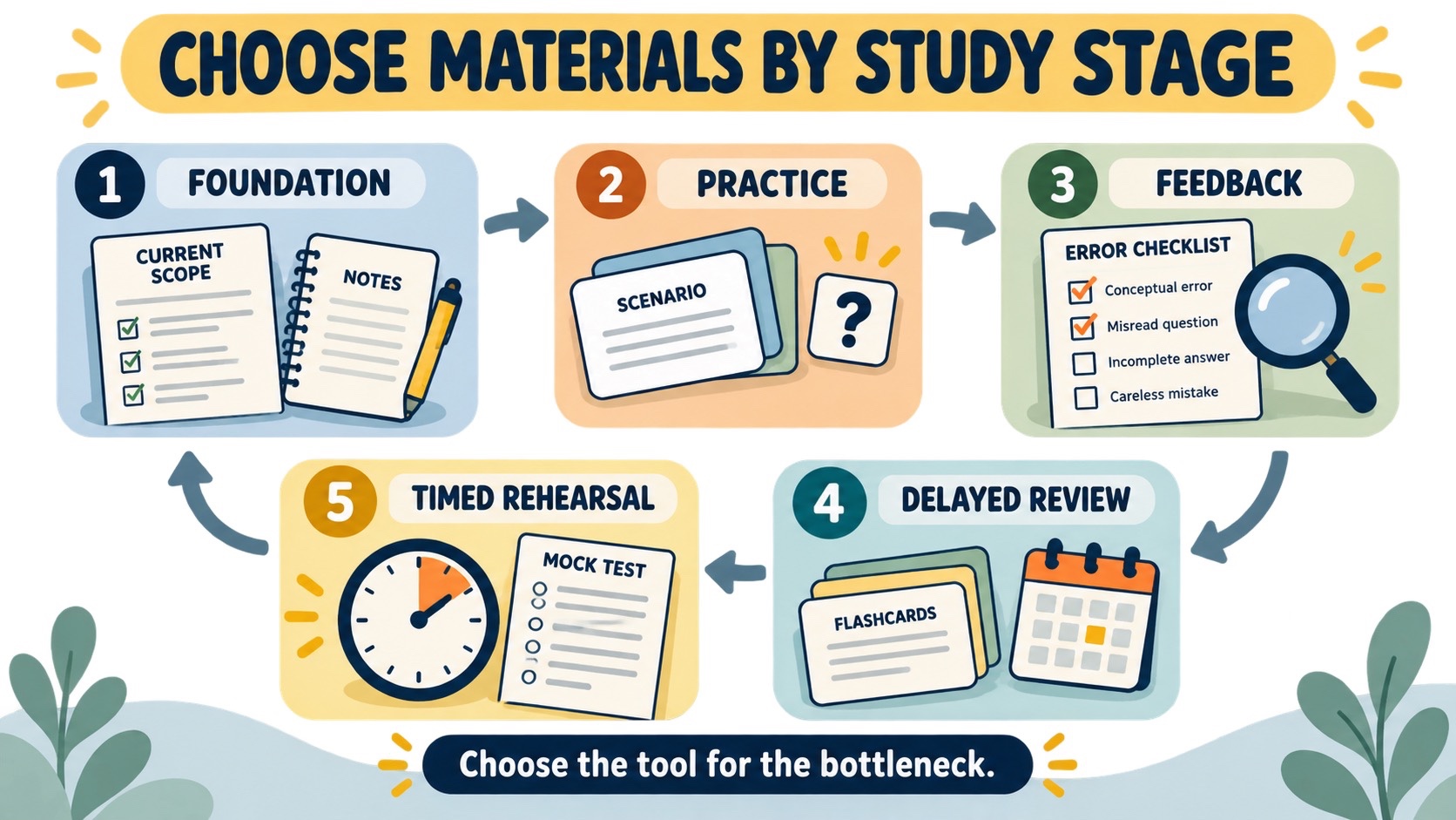 No-person infographic showing a BCBA study-material decision loop from checking the current TCO to learning a concept, practicing a scenario, logging an error, reviewing in the app, and using a mock exam when ready.