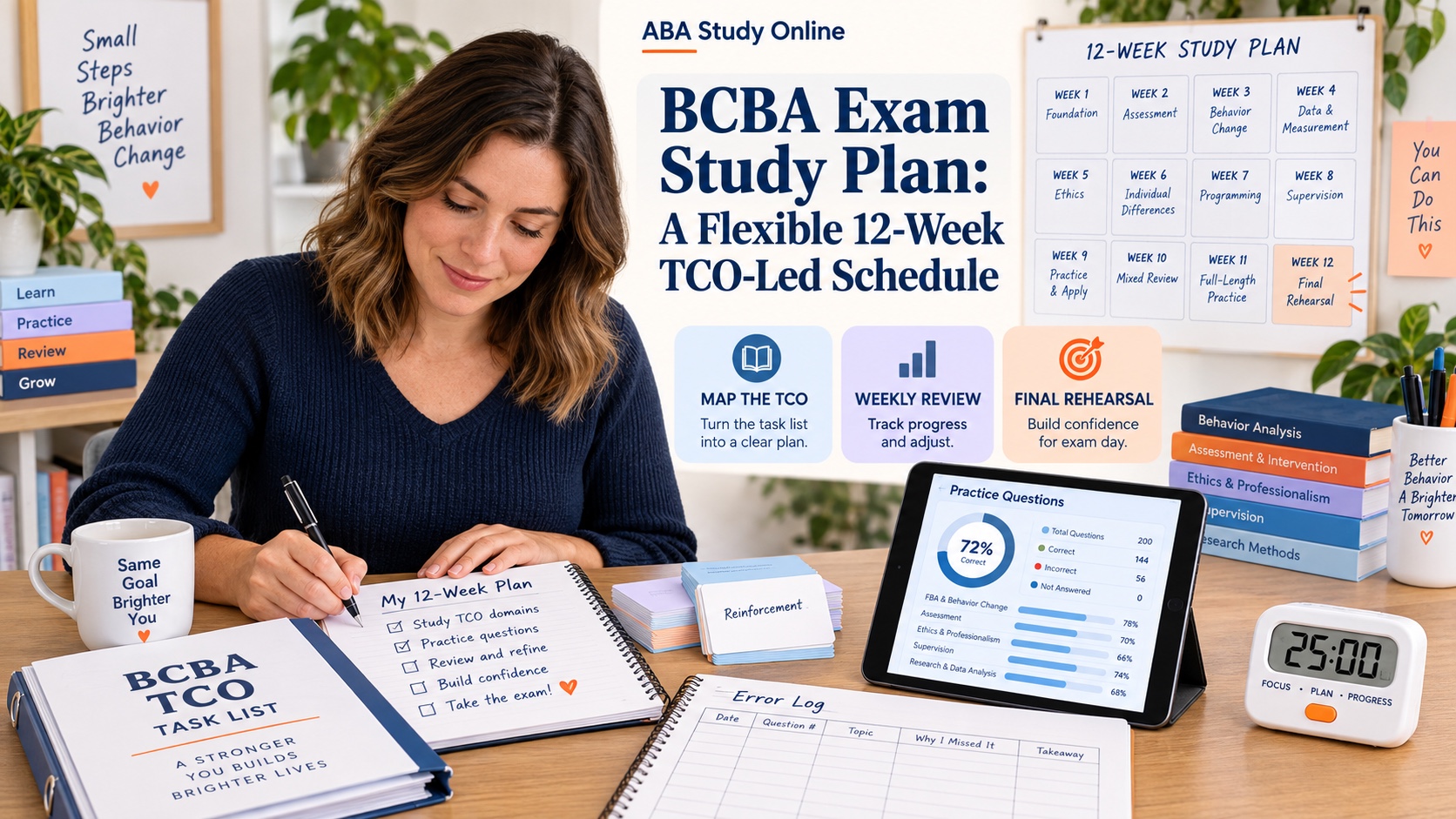 A realistic White woman builds a BCBA exam study plan with a TCO binder, twelve-week calendar, review cards, and a timer in one integrated editorial scene.