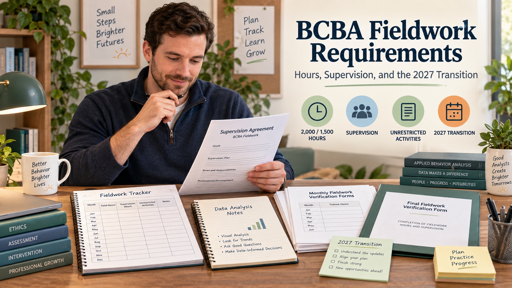 A White male BCBA trainee reviews a fieldwork calendar, supervision contract, data notes, and verification forms in one integrated editorial scene.