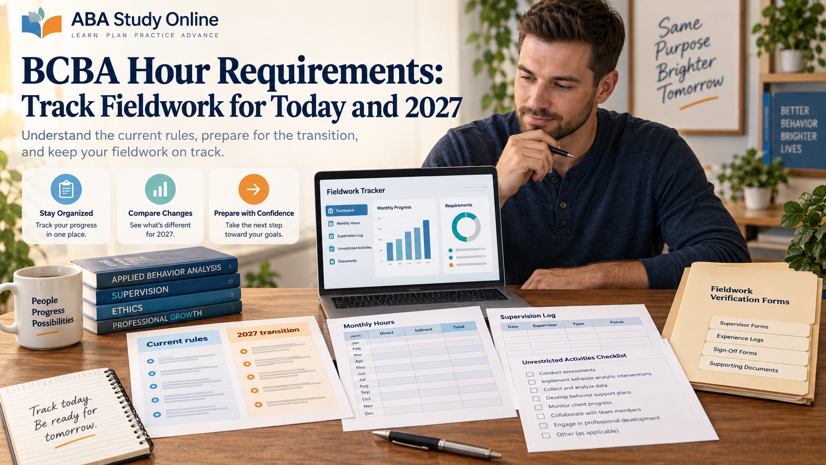 A realistic White male BCBA applicant tracks fieldwork with a laptop dashboard, current-rules and 2027-transition documents, a monthly hours sheet, supervision log, and verification forms in one integrated editorial scene.