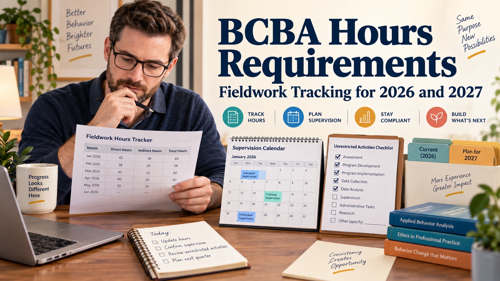 A White man reviews a BCBA fieldwork-hours tracker, supervision calendar, unrestricted-activity checklist, and current-versus-2027 planning folder in an integrated ABA Study Online editorial scene.