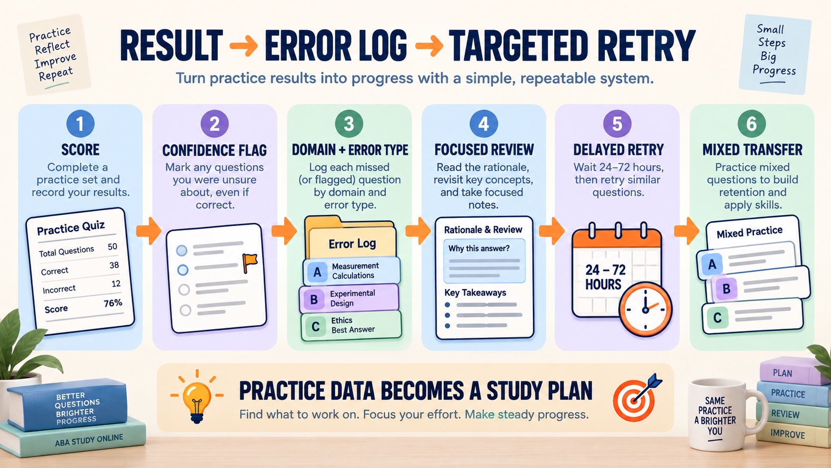 No-person BCBA mock-exam review loop showing score, confidence flag, domain and error type, focused review, delayed retry, and mixed transfer practice.
