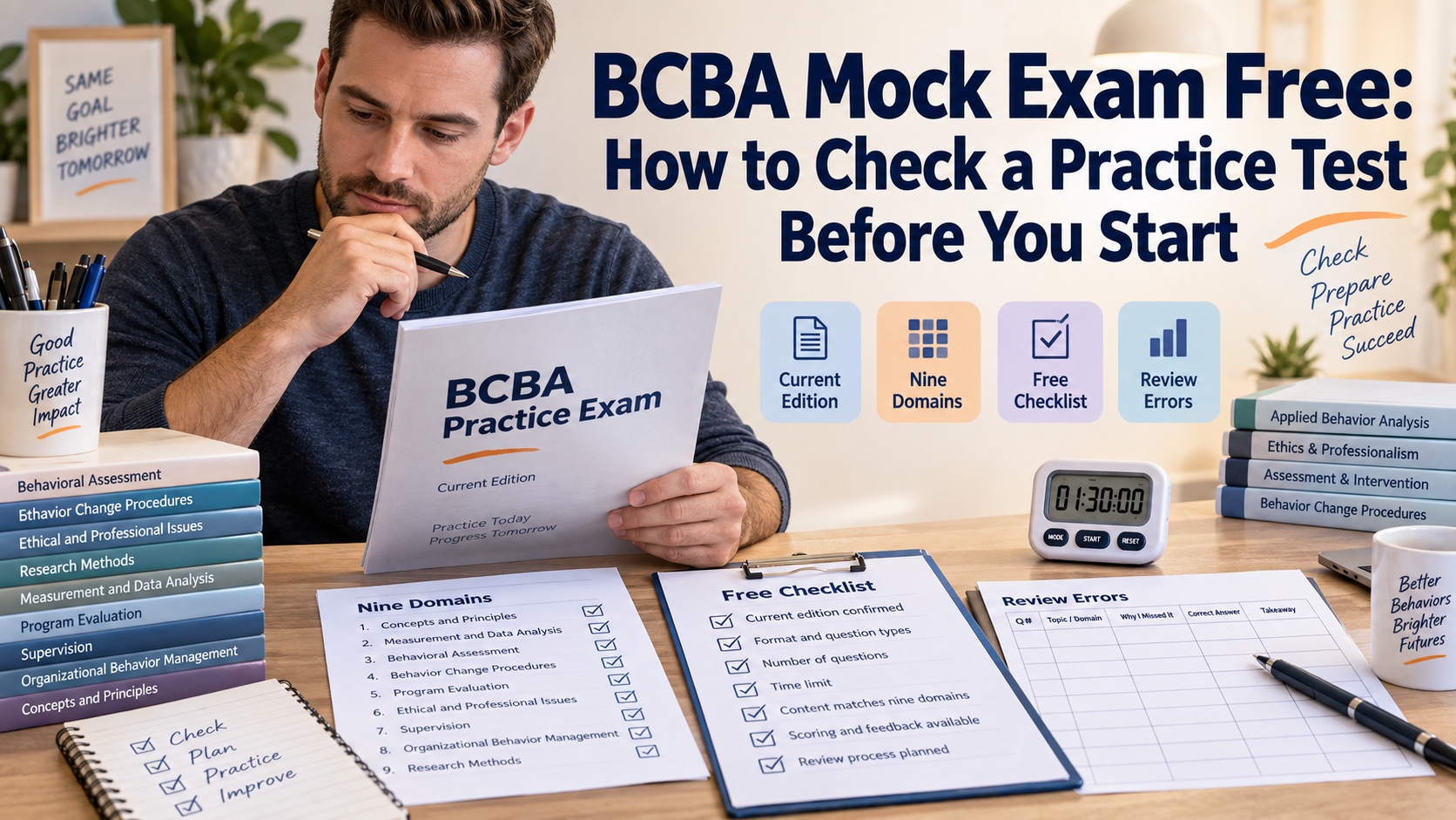 A White man evaluating a free BCBA mock exam with a current-edition checklist, neutral question cards, a nine-domain map, timer, and error log in an integrated editorial study scene.