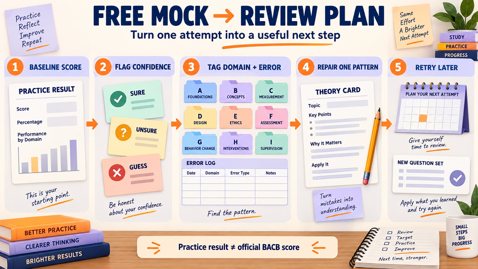 No-person infographic showing a free BCBA mock-exam review loop: baseline score, confidence flag, domain and error tag, focused repair, delayed retry, and mixed transfer practice.