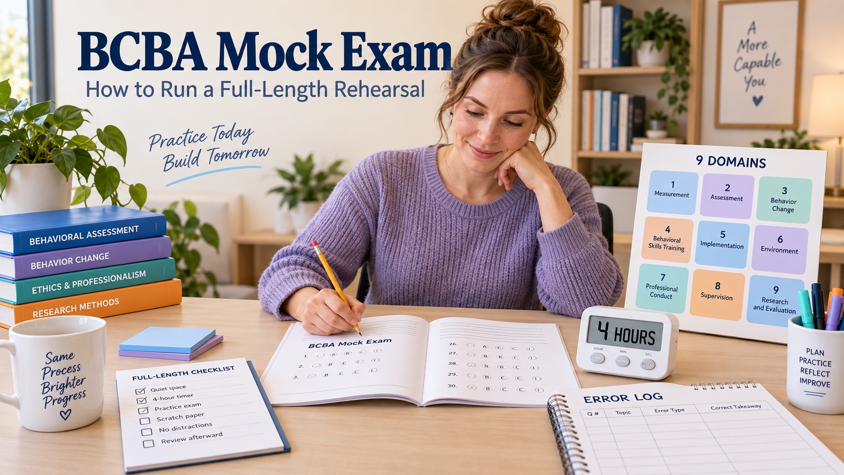 A White woman completes a neutral BCBA mock exam with a four-hour timer, nine-domain study map, question booklet, and error log in one integrated editorial scene.