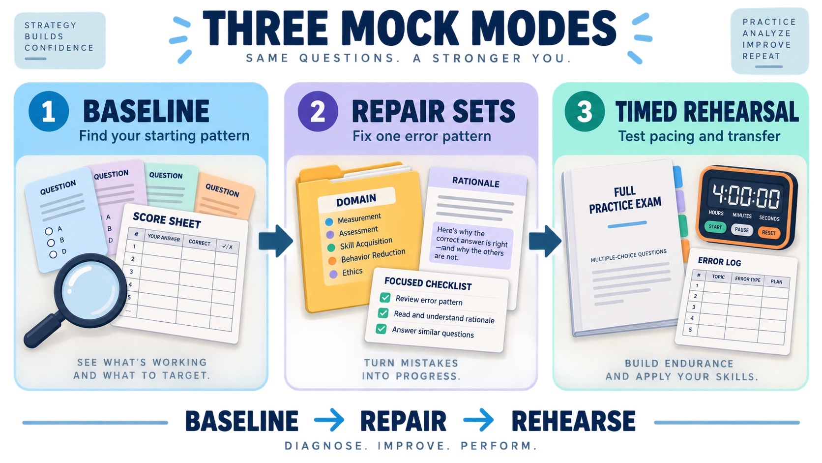 No-person BCBA mock-exam practice modes showing baseline, repair sets, and timed rehearsal with each mode’s purpose and next review action.