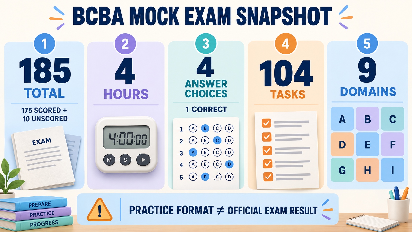 No-person BCBA mock-exam snapshot showing 185 total questions, 175 scored plus 10 unscored, four hours, four answer choices, 104 tasks, and nine domains.