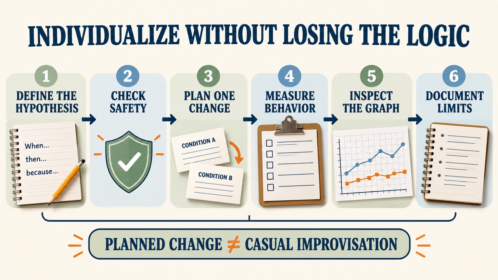 No-person infographic showing how to individualize functional-analysis conditions while protecting assessment logic: define the hypothesis, check safety, change one planned feature, measure behavior, inspect the graph, and document the interpretation.