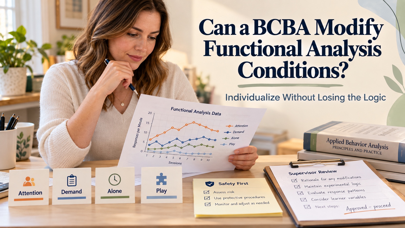 A White woman reviews a functional-analysis plan with condition cards, a data graph, safety notes, and supervisor annotations in an integrated ABA Study Online editorial scene.