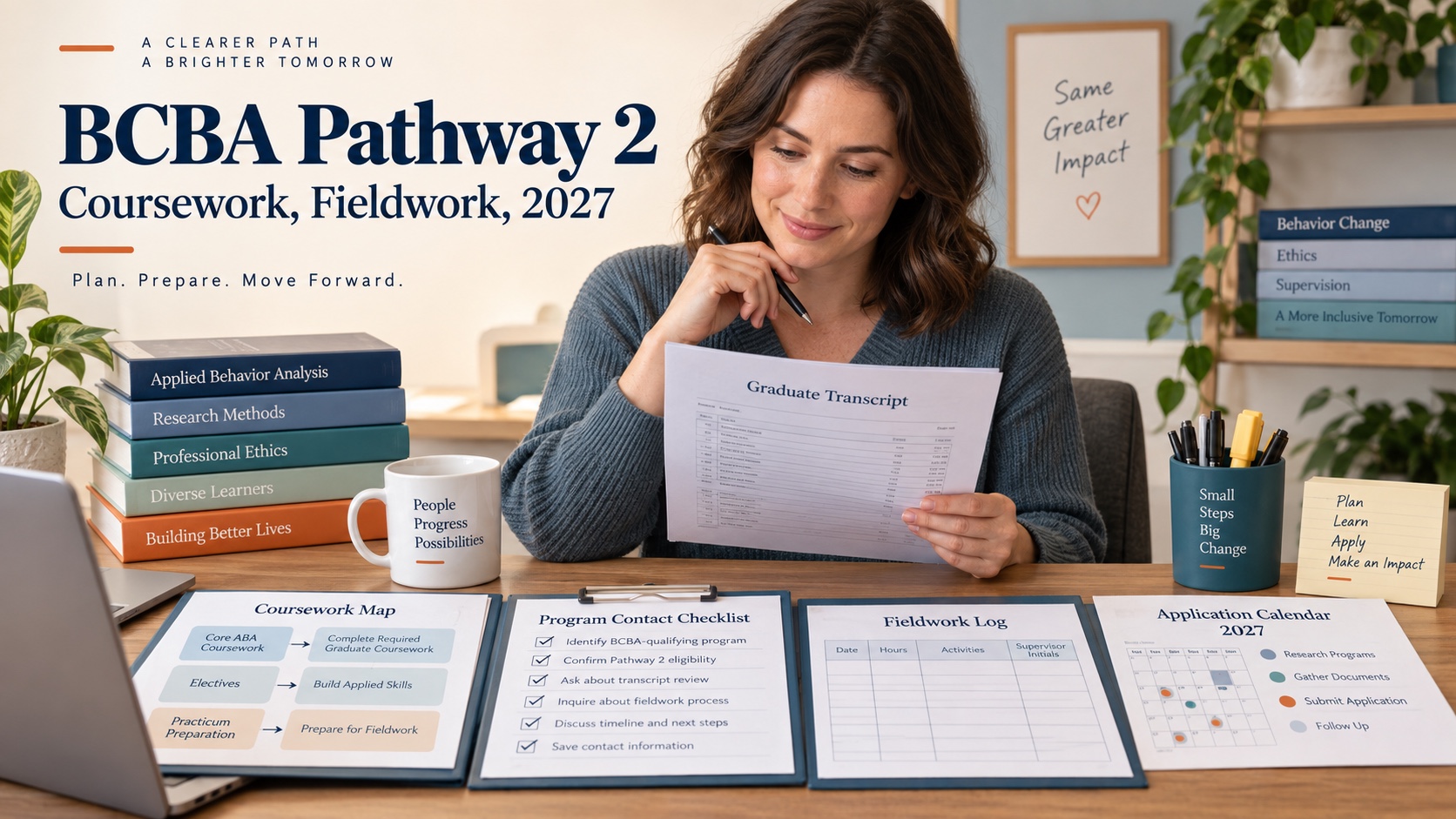 A White woman reviews a BCBA Pathway 2 transcript folder, coursework map, Program Contact checklist, fieldwork log, and application calendar in an integrated ABA Study Online editorial scene.