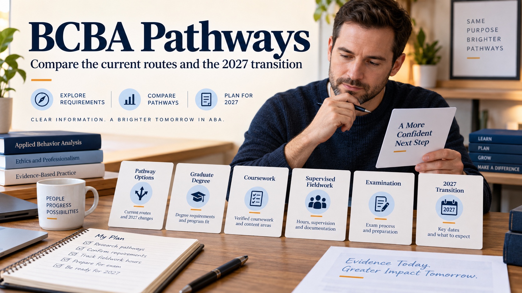 A White male BCBA candidate compares eligibility pathway cards, a degree record, coursework plan, fieldwork log, and a 2027 transition calendar in one integrated editorial scene.
