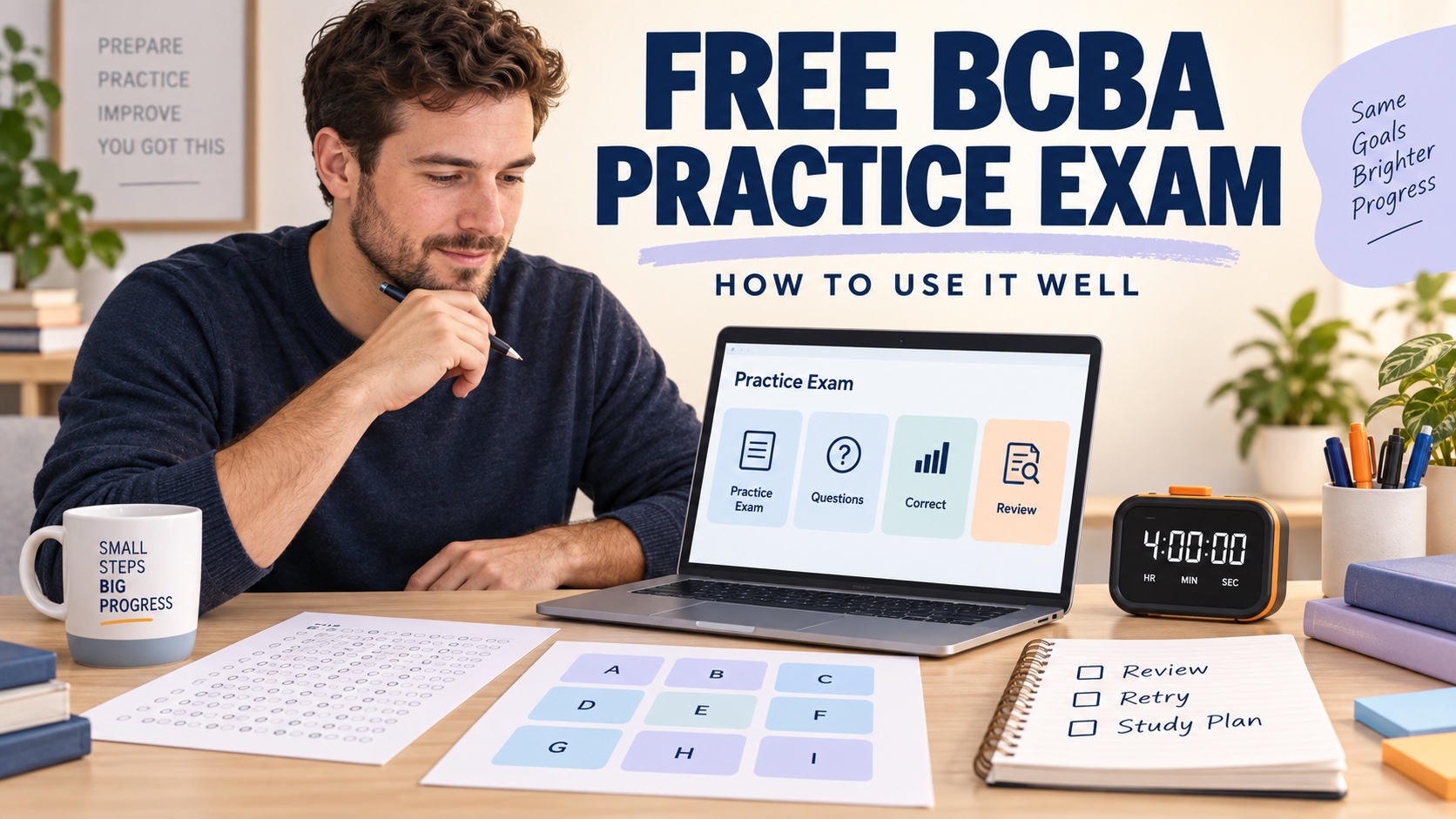 A White male BCBA learner uses a free practice exam dashboard with an answer sheet, TCO letter map, timer, and error-review notes in one integrated editorial scene.