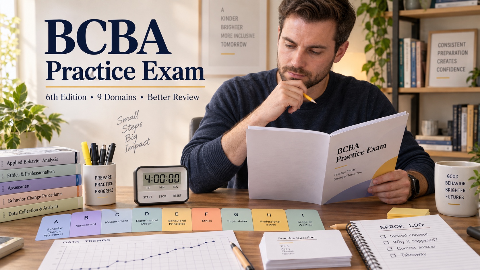A White male BCBA learner reviews a practice exam booklet beside a four-hour timer, A to I domain tabs, graph notes, and an error log in an integrated editorial study scene.