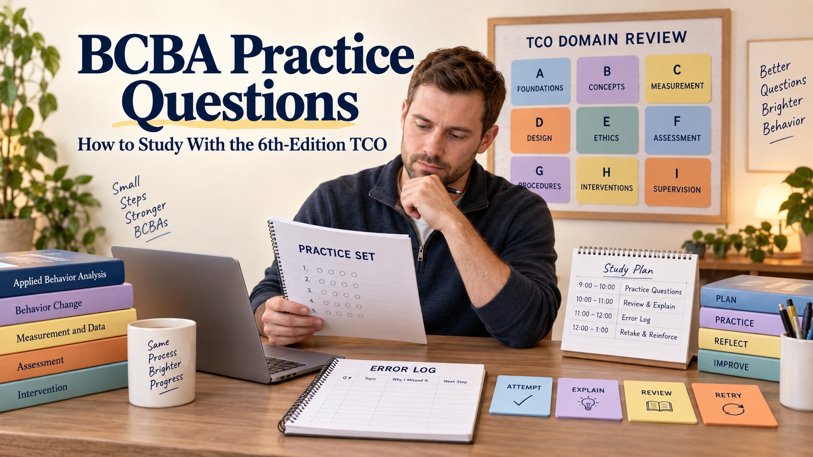 A White male BCBA candidate reviews practice questions with a domain-weighted study booklet, colored topic cards, an error log, and a four-hour study calendar in one integrated editorial scene.
