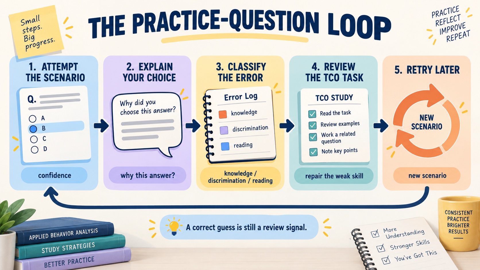 No-person infographic showing a BCBA practice-question loop: attempt the scenario, explain the decision, classify the error, review the TCO task, and retry later with a new item.