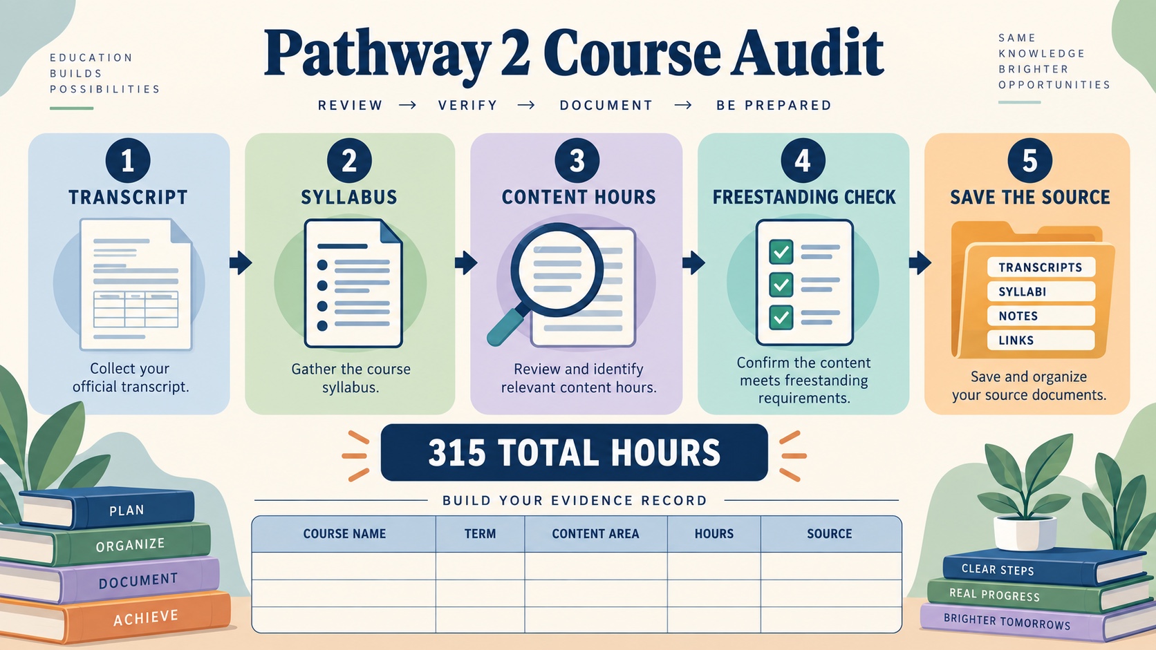 Pathway 2 course audit showing transcript, syllabus, content hours, freestanding check, source folder, and 315 total hours.