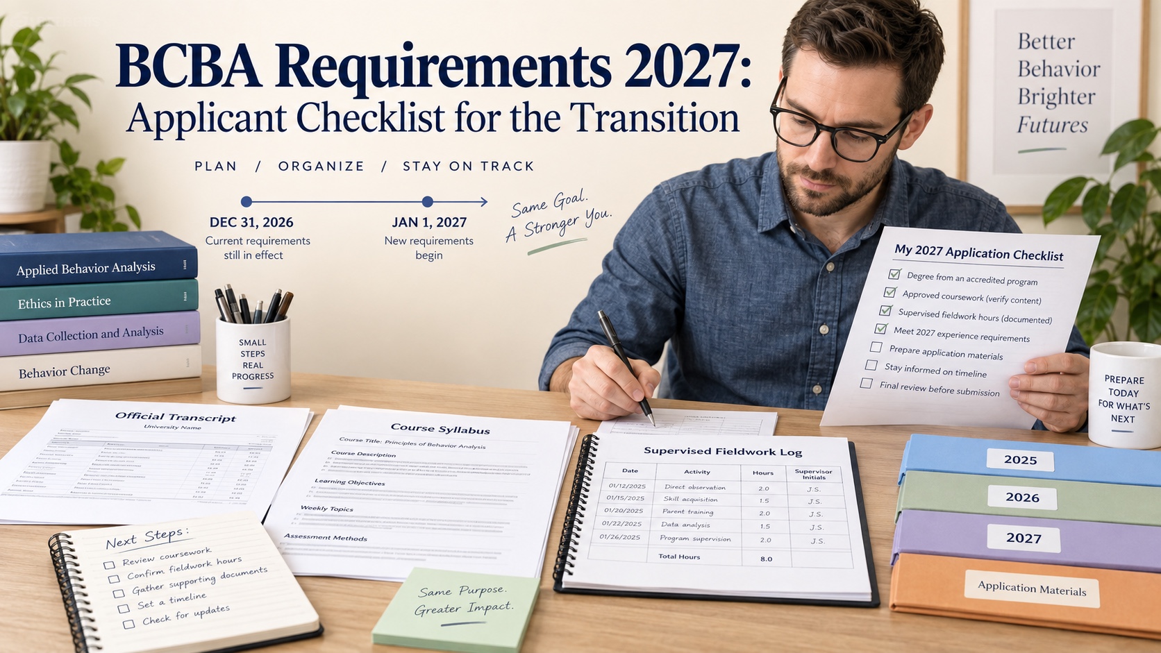 A White male BCBA applicant organizing a 2027 requirements folder with a transcript, course audit, fieldwork log, and official-source checklist.