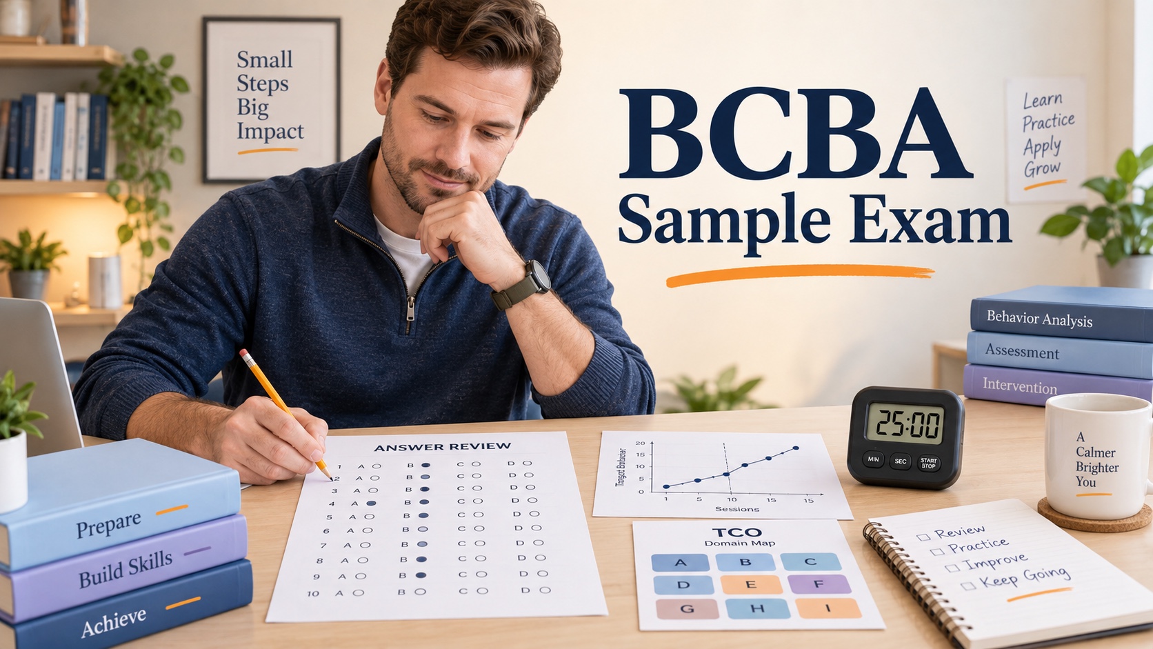 A White male BCBA learner studies an original sample exam beside a TCO map, answer sheet, data graph, and timer in one integrated editorial scene.