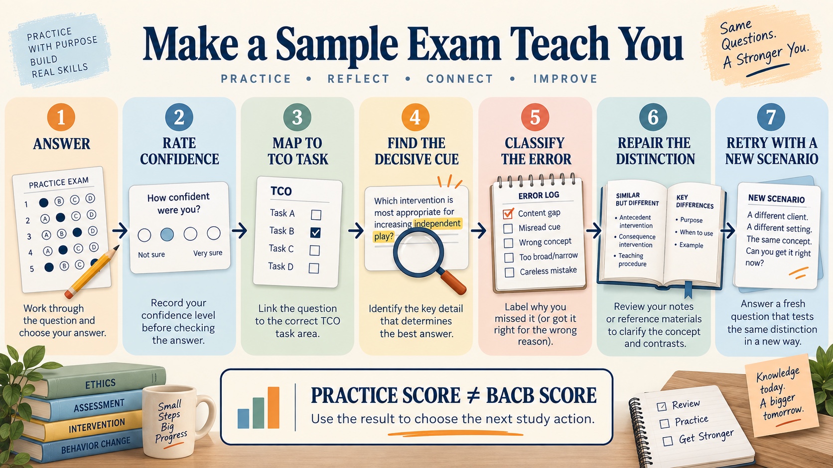 No-person infographic showing a BCBA sample-exam review loop: answer and rate confidence, map to a TCO task, identify the cue, classify the error, repair the distinction, and transfer to a new scenario; practice score is not a BACB score.
