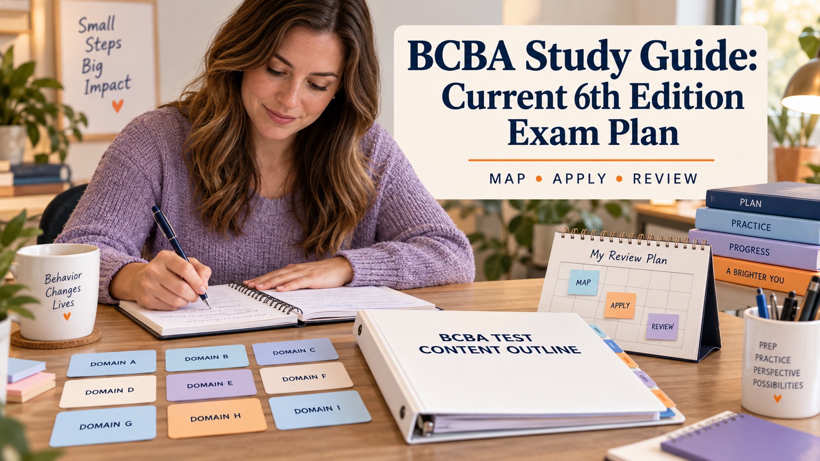 A white BCBA learner organizing the current 6th edition Test Content Outline with study notes, scenario cards, and a review calendar.