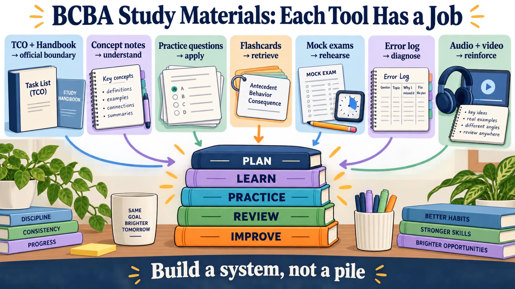 No-person infographic mapping seven BCBA study-material categories to their jobs: official scope, concept learning, practice questions, flashcards, mock exams, error tracking, and optional audio or video.