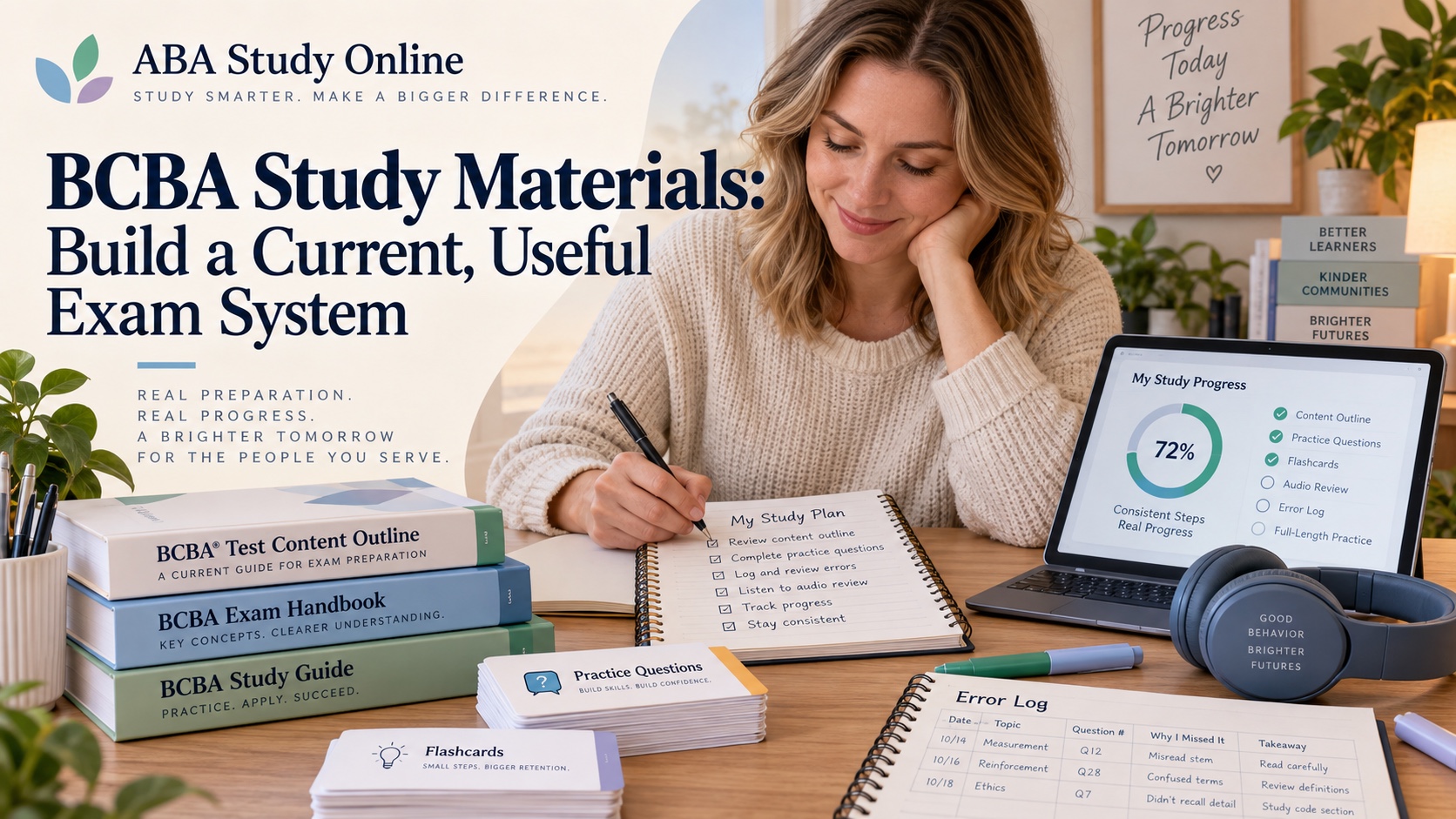 A White woman organizes BCBA study materials including the current content outline, handbook, concept notes, flashcards, practice questions, headphones, and an app progress screen in an integrated ABA Study Online editorial scene.
