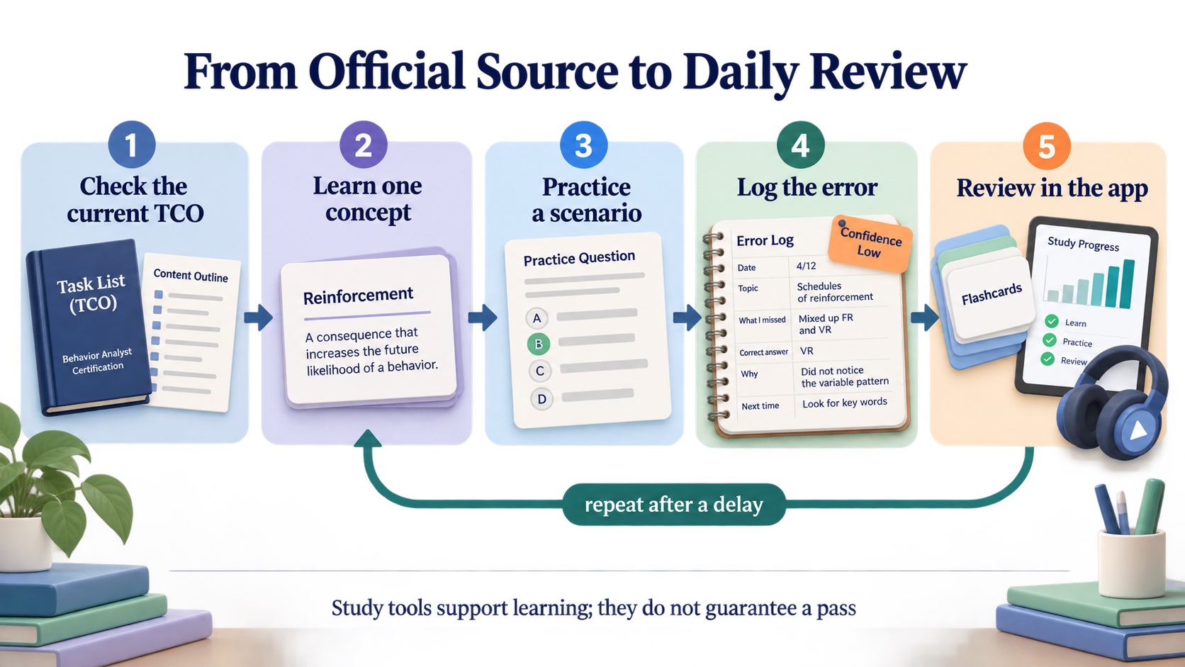 No-person infographic showing the BCBA study loop from checking the current TCO to learning one concept, practicing a scenario, logging an error, and reviewing in the app after a delay.