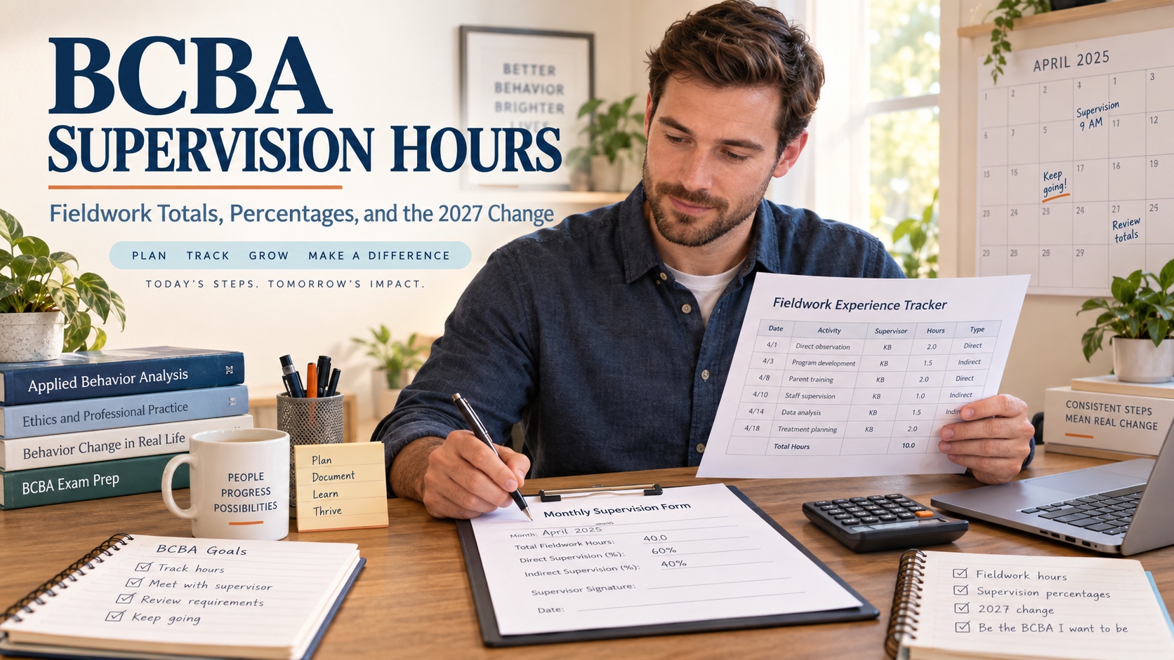 A White male BCBA trainee reviews a fieldwork tracker, monthly supervision form, calendar, calculator, and organized study notes in one integrated editorial scene.