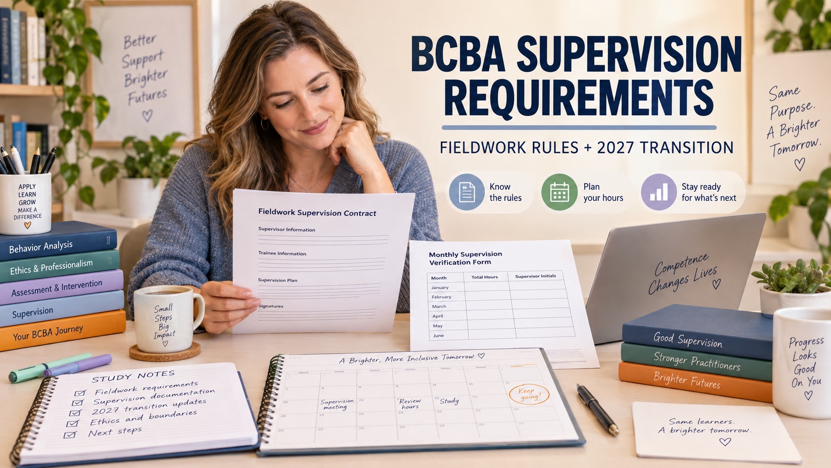A White female BCBA trainee reviews a fieldwork supervision contract, monthly verification form, calendar, and organized study notes in one integrated editorial scene.