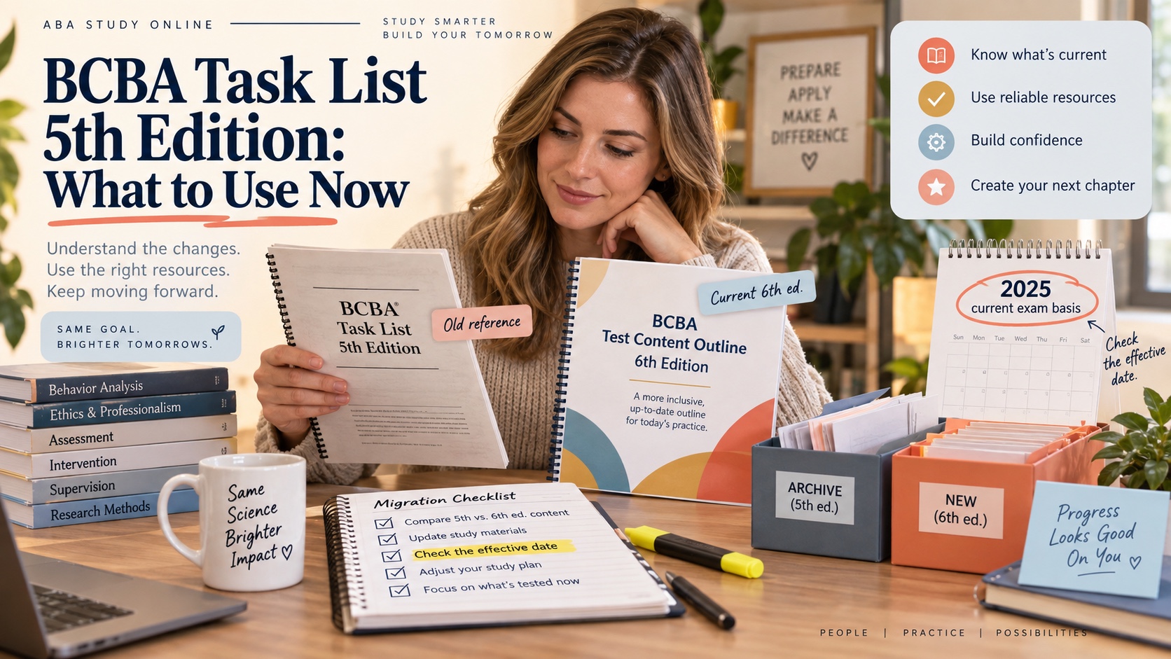A realistic White female learner compares an old BCBA Task List 5th Edition reference with a current BCBA Test Content Outline 6th Edition, archive and new folders, a migration checklist, and a calendar marked 2025 current exam basis in an integrated editorial scene titled BCBA Task List 5th Edition: What to Use Now.