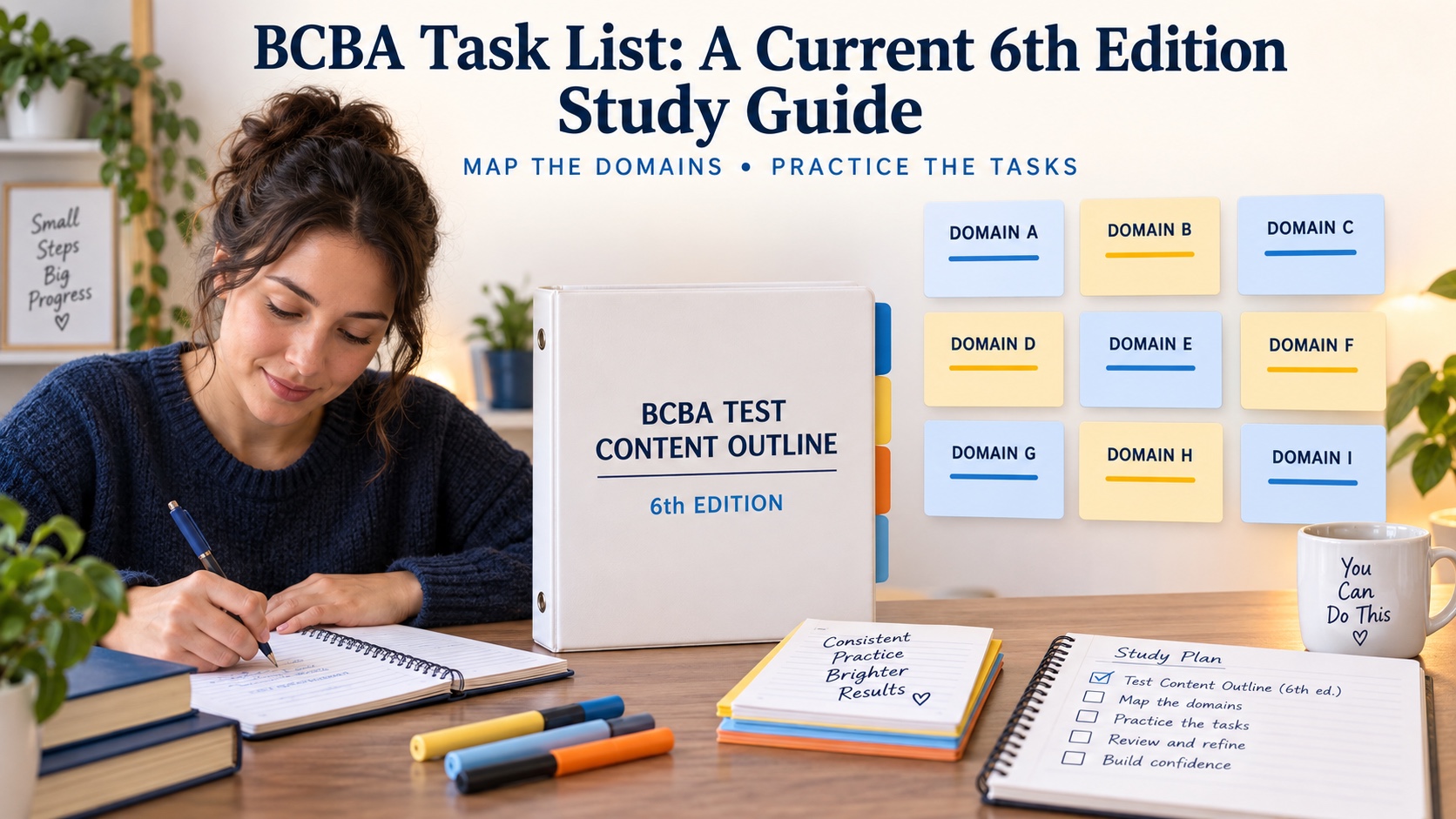 A BCBA learner organizing the current Test Content Outline with domain cards, data notes, and practice questions.