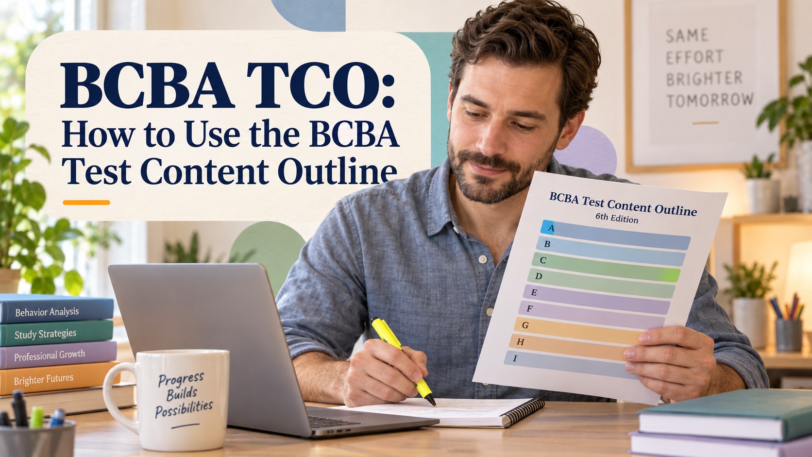 A realistic White man reviews a BCBA Test Content Outline 6th Edition with a notebook, highlighter, laptop, and organized study materials in an integrated editorial cover.