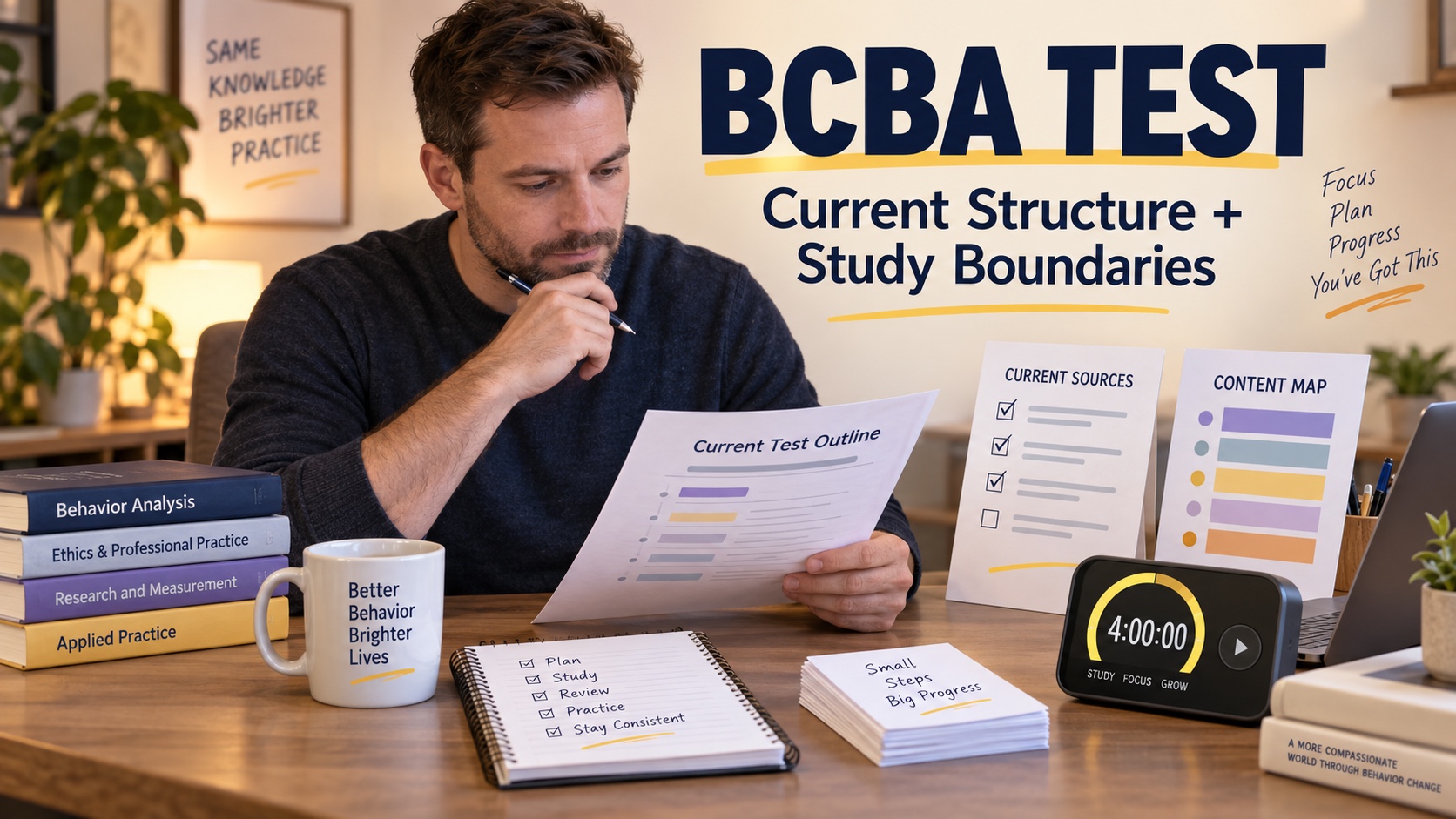A White male BCBA candidate reviews a current test outline, a four-hour timer, content-area cards, and a source checklist in one integrated editorial study scene.