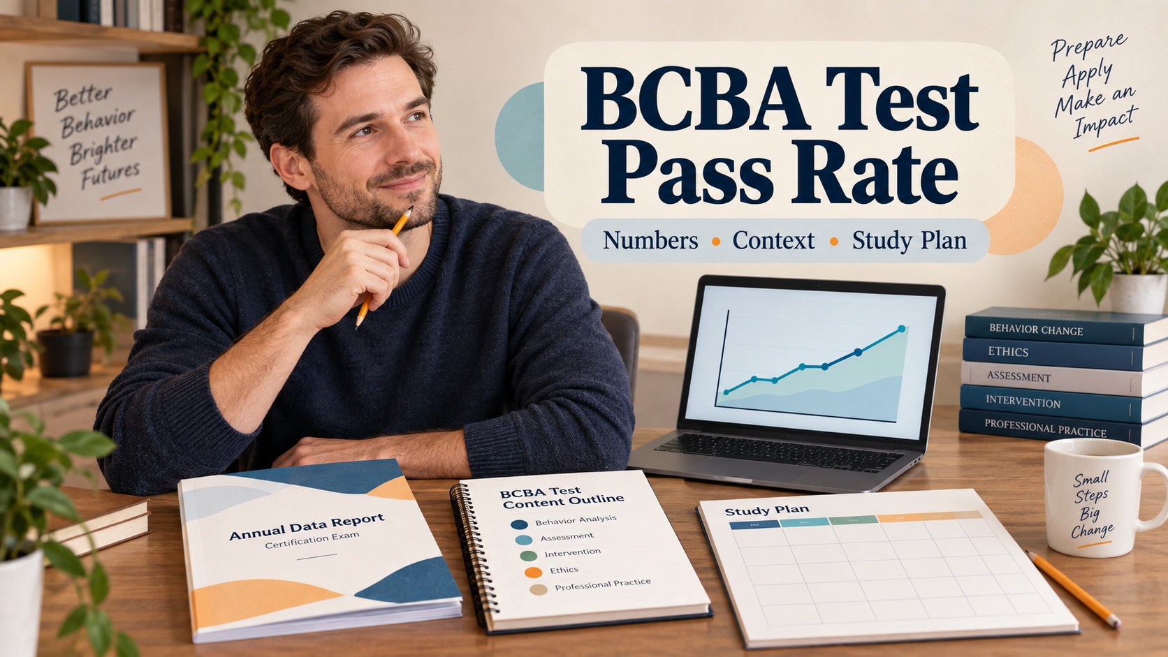 A White male professional reviews an official BCBA pass-rate chart, a test content outline, and a study calendar in one integrated editorial scene.