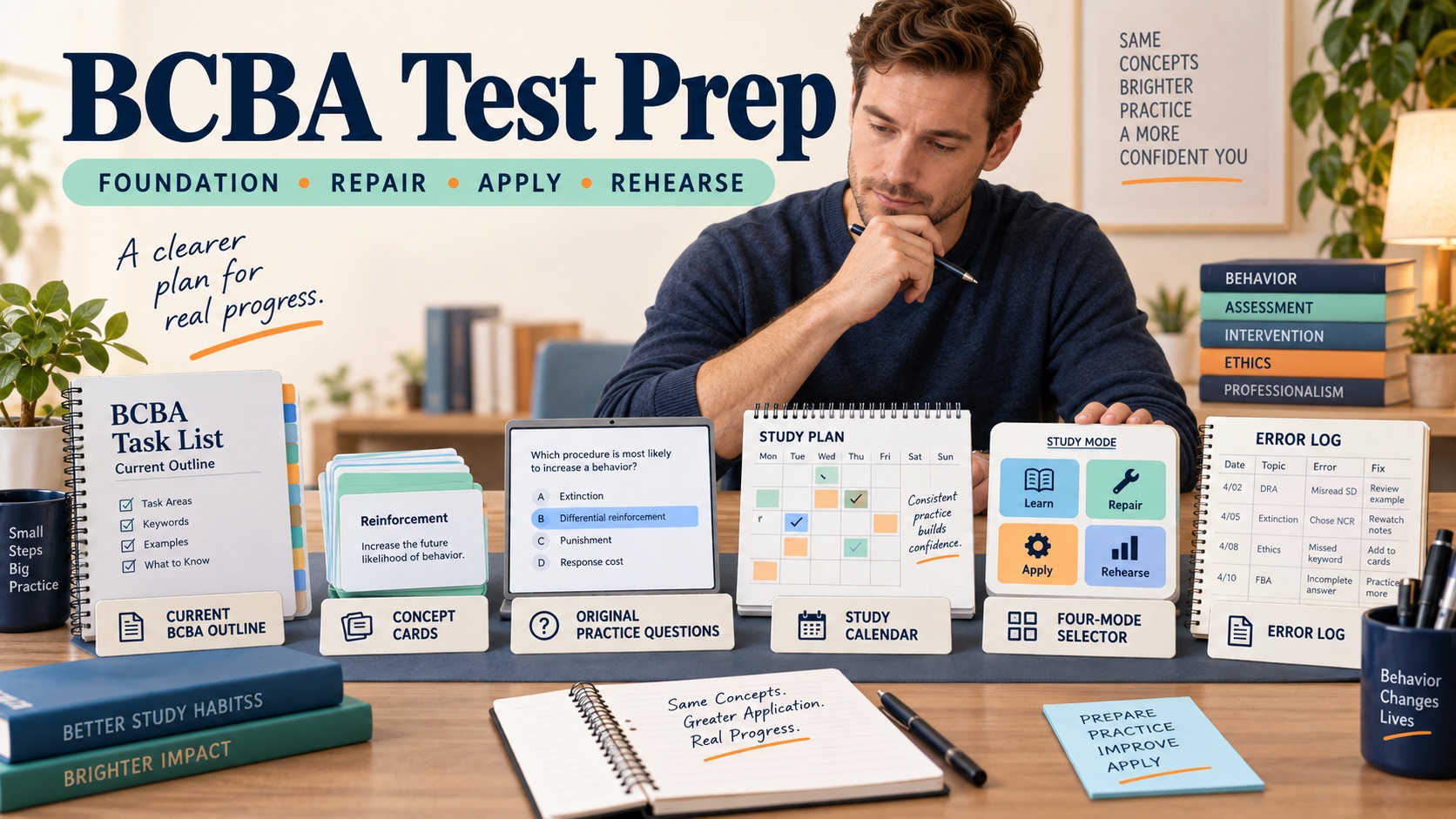 A White man chooses among a current BCBA outline, concept cards, practice questions, a study calendar, and a preparation mode selector in one integrated editorial scene.
