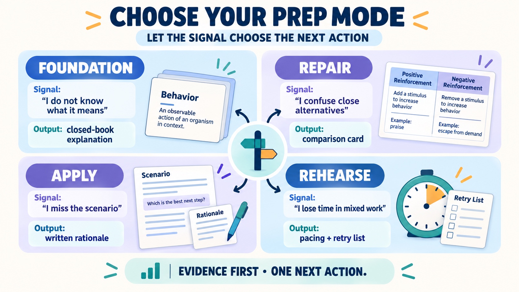 No-person BCBA test-prep mode selector showing foundation, repair, apply, and rehearse with the learner signal and expected output for each mode.